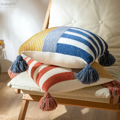 Coral and white striped cushion cover 45x45cm living room tassels