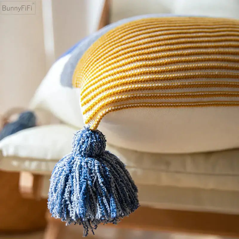 Coral and white striped cushion cover 45x45cm living room tassels