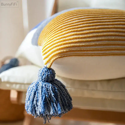 Coral and white striped cushion cover 45x45cm living room tassels