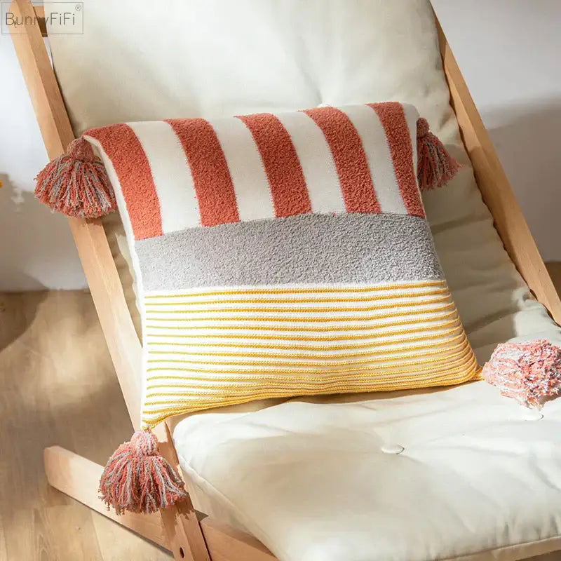 Coral and white striped cushion cover 45x45cm living room tassels