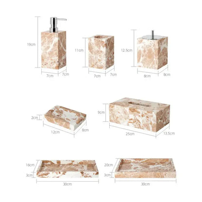 Coral pink marble bathroom accessories set with gold accents