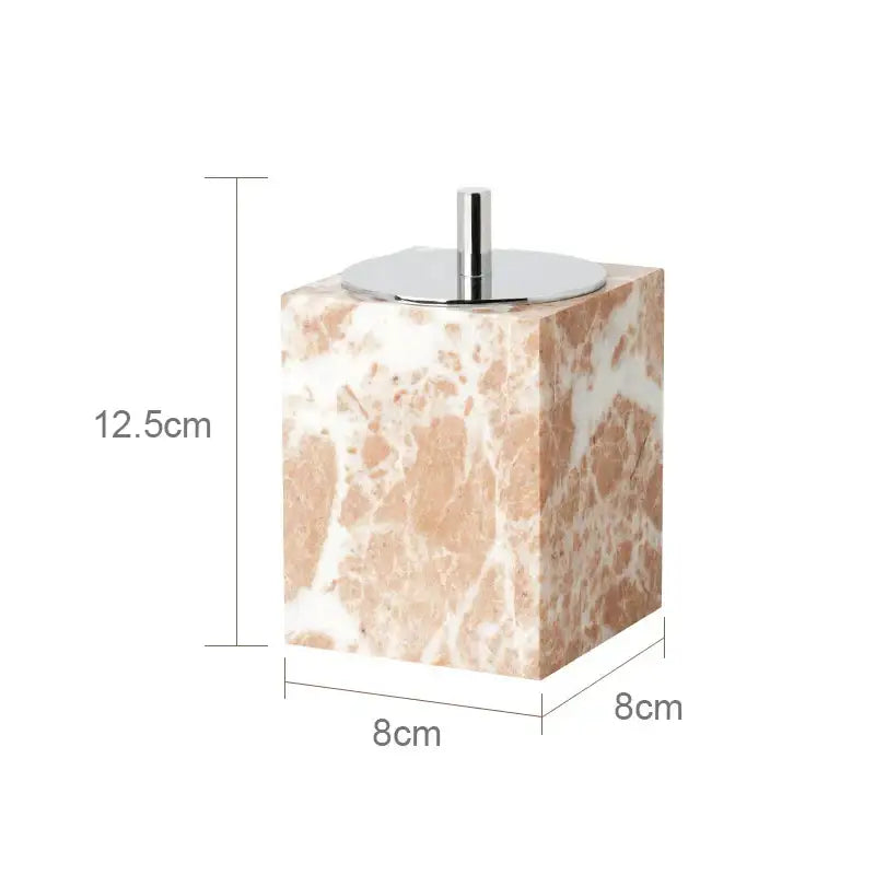 Coral pink marble bathroom accessories set with gold accents