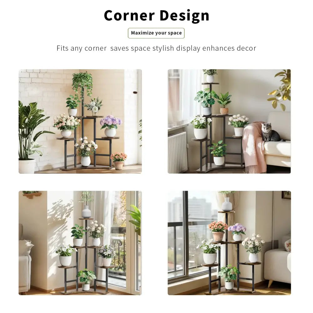 Modern black metal corner plant stand living room wood shelves