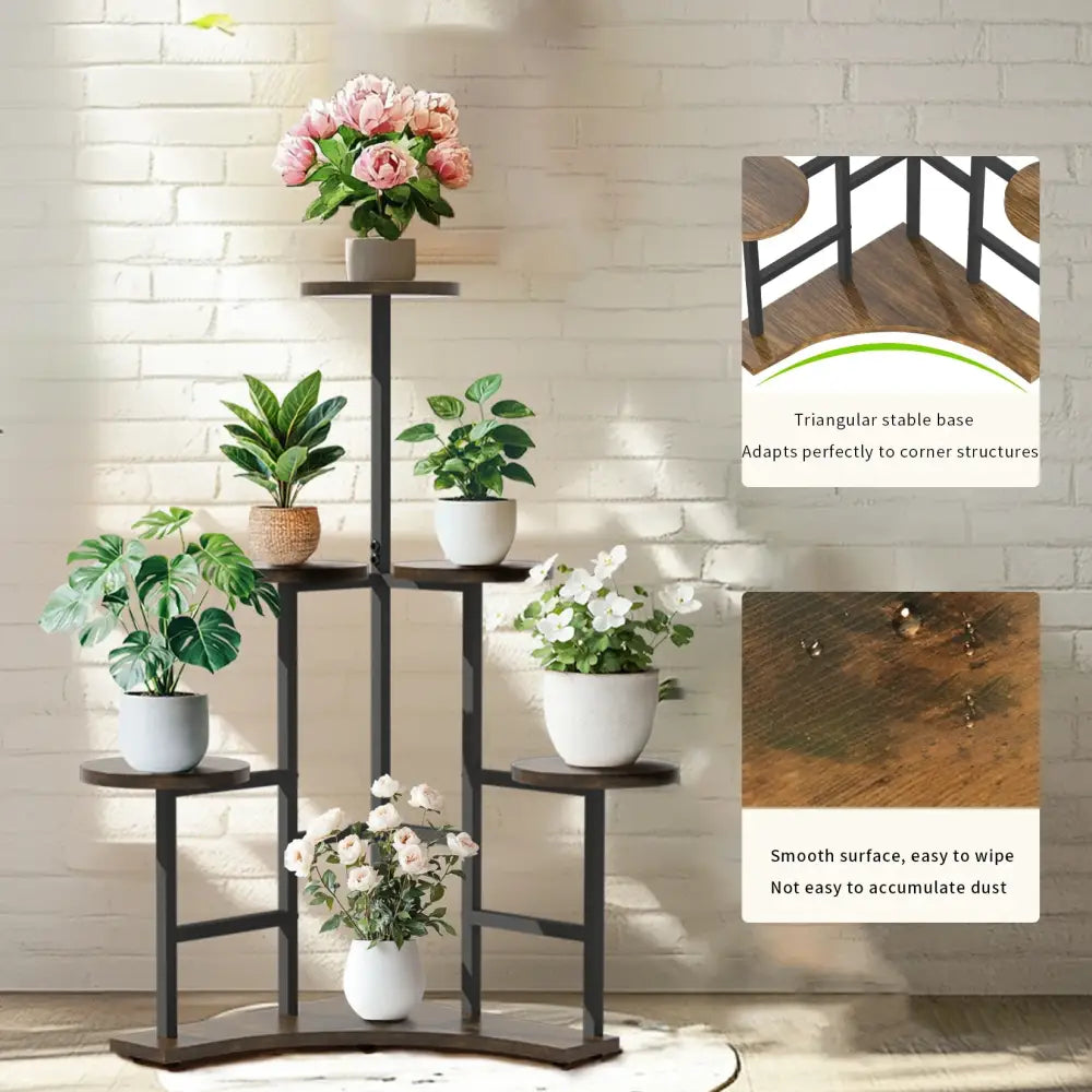 Modern black metal corner plant stand living room wood shelves