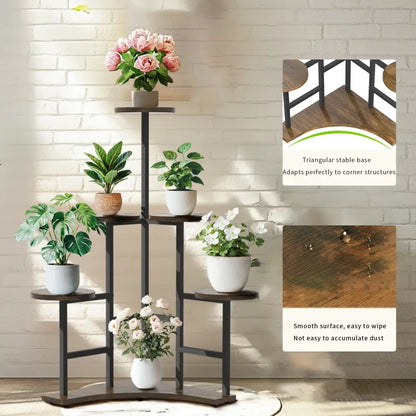 Modern black metal corner plant stand living room wood shelves