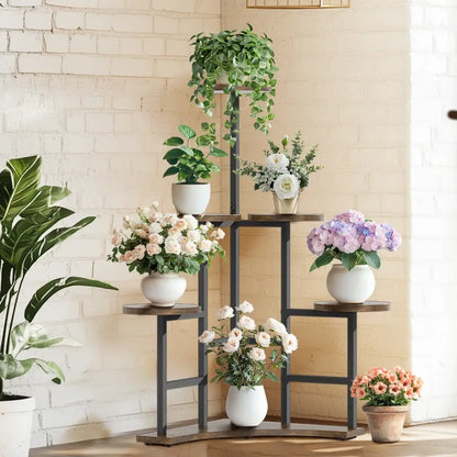 Modern black metal corner plant stand living room wood shelves