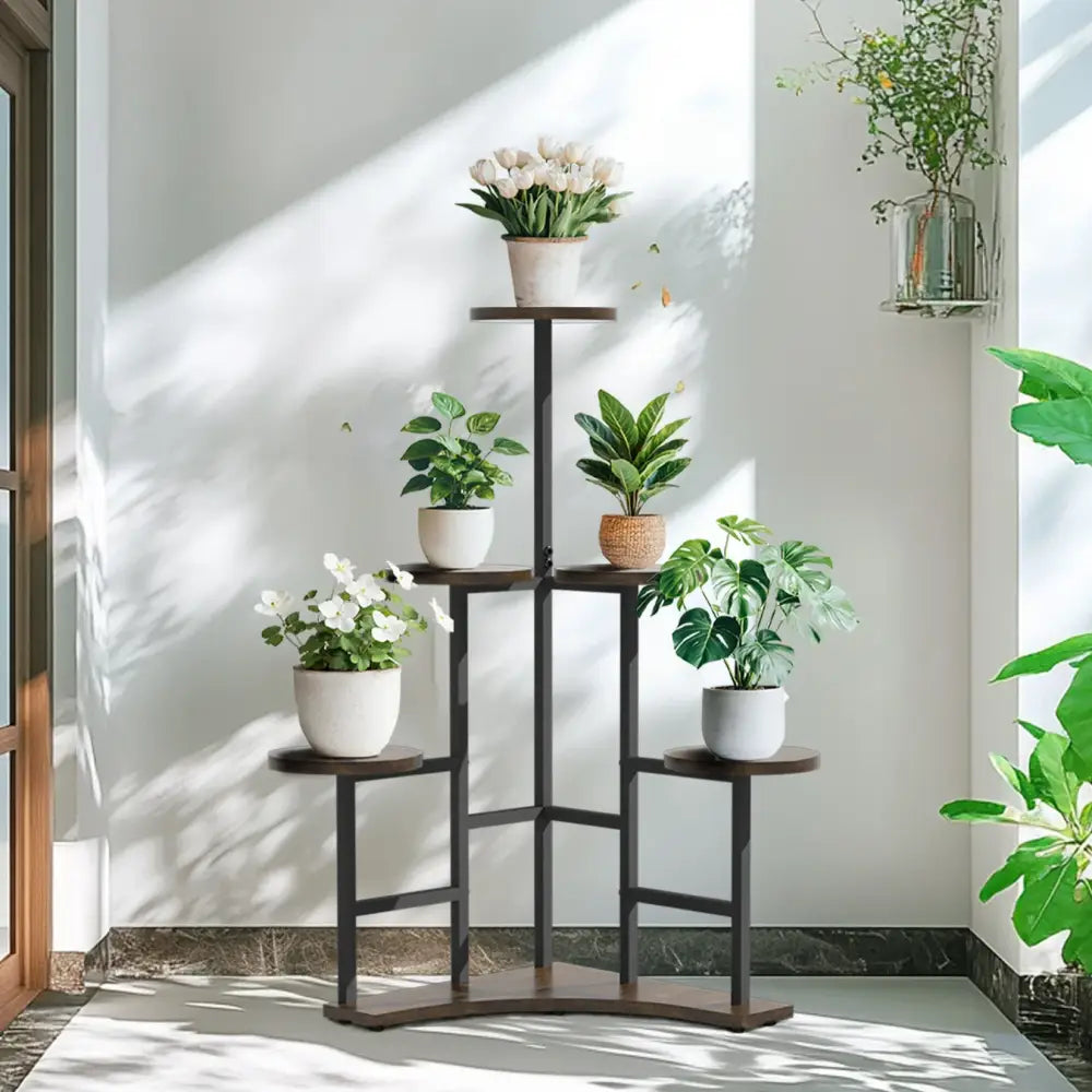 Modern black metal corner plant stand living room wood shelves