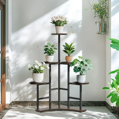 Modern black metal corner plant stand living room wood shelves
