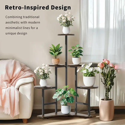 Modern black metal corner plant stand living room wood shelves