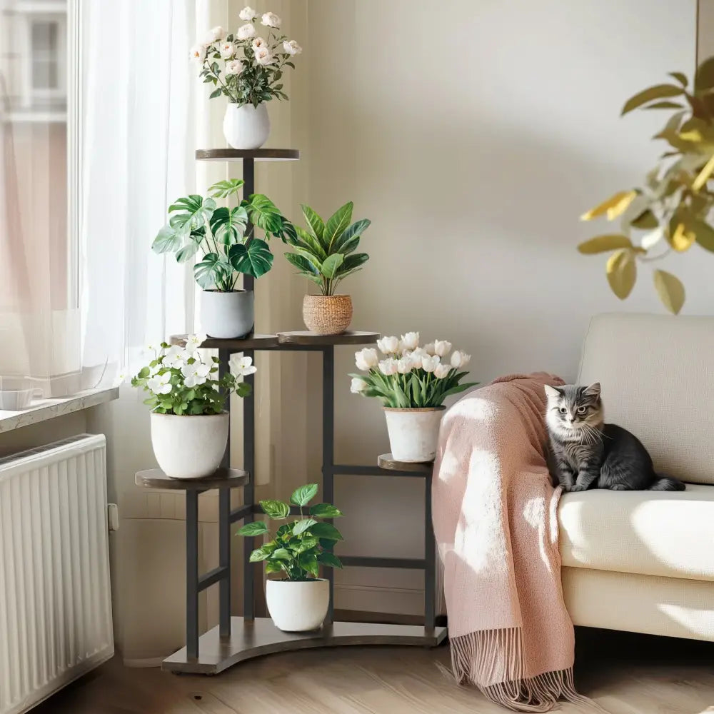 Modern black metal corner plant stand living room wood shelves