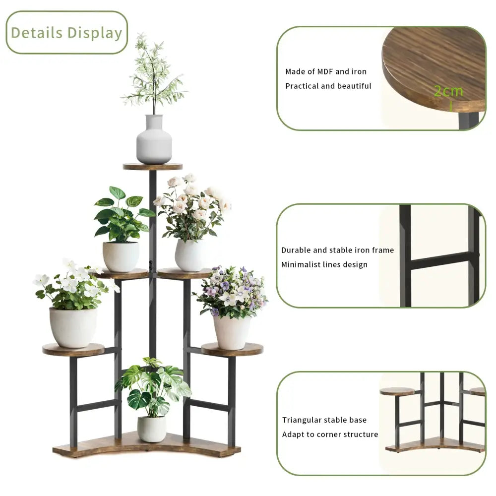 Modern black metal corner plant stand living room wood shelves