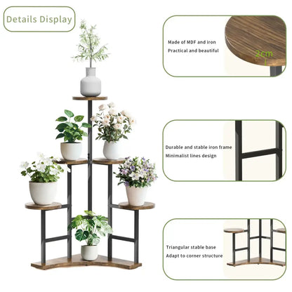Modern black metal corner plant stand living room wood shelves