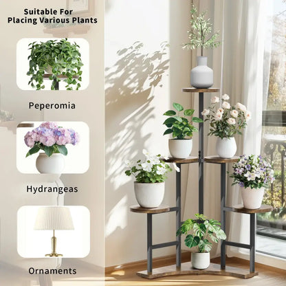 Modern black metal corner plant stand living room wood shelves