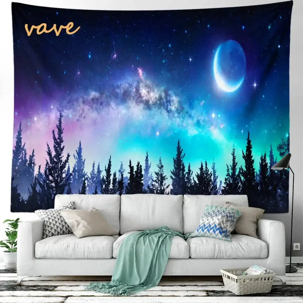 Cosmic night sky forest tree landscape tapestry bedroom wall decor