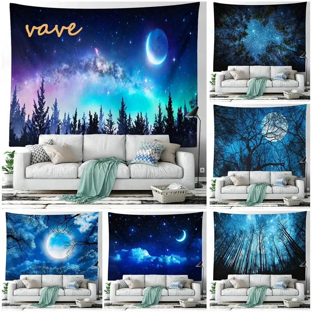 Cosmic night sky forest tree landscape tapestry bedroom wall decor