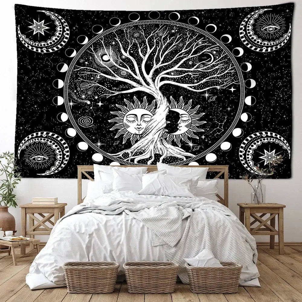 Cosmic teal and black green life tree tapestry bedroom wall hanging