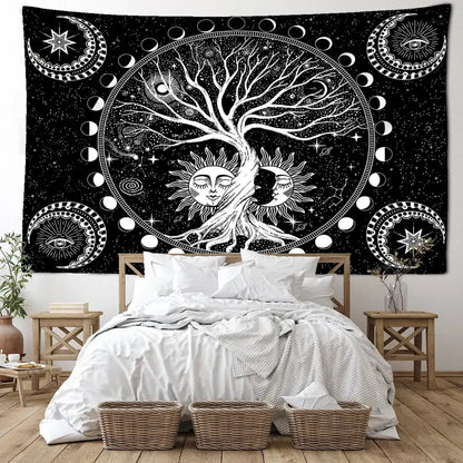 Cosmic teal and black green life tree tapestry bedroom wall hanging