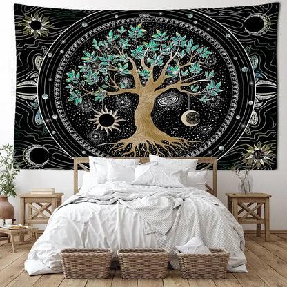 Cosmic teal and black green life tree tapestry bedroom wall hanging