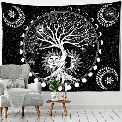Cosmic teal and black green life tree tapestry bedroom wall hanging