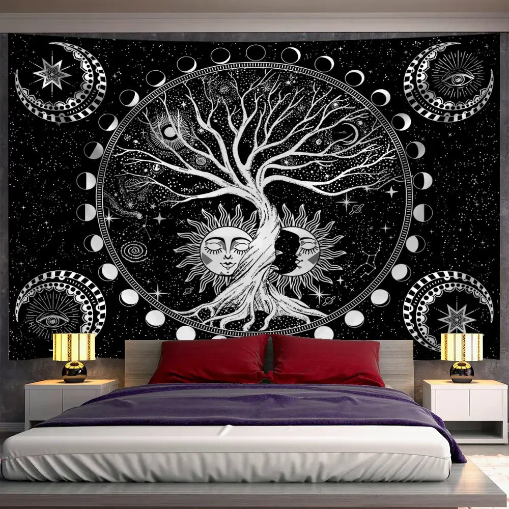 Cosmic teal and black green life tree tapestry bedroom wall hanging