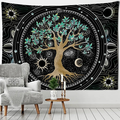 Cosmic teal and black green life tree tapestry bedroom wall hanging