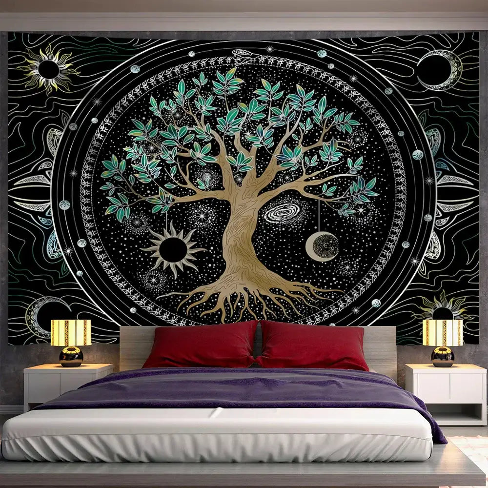 Cosmic teal and black green life tree tapestry bedroom wall hanging