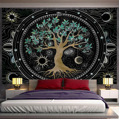 Cosmic teal and black green life tree tapestry bedroom wall hanging