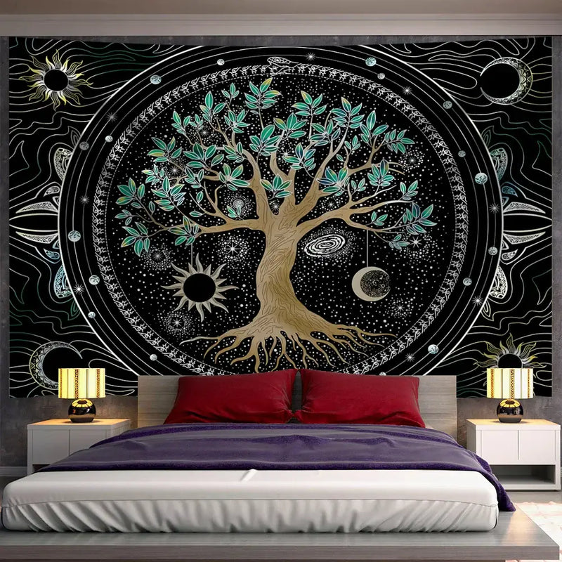 Cosmic teal and black green life tree tapestry bedroom wall hanging