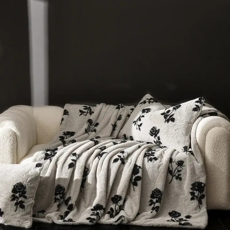 Cosy faux rabbit plush floral throw blanket living room decor