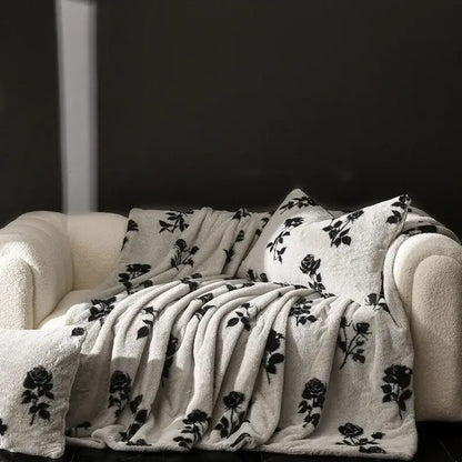 Cosy faux rabbit plush floral throw blanket living room decor