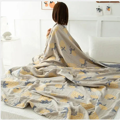 Cotton gauze boho throw gray pineapple bird bedroom blanket