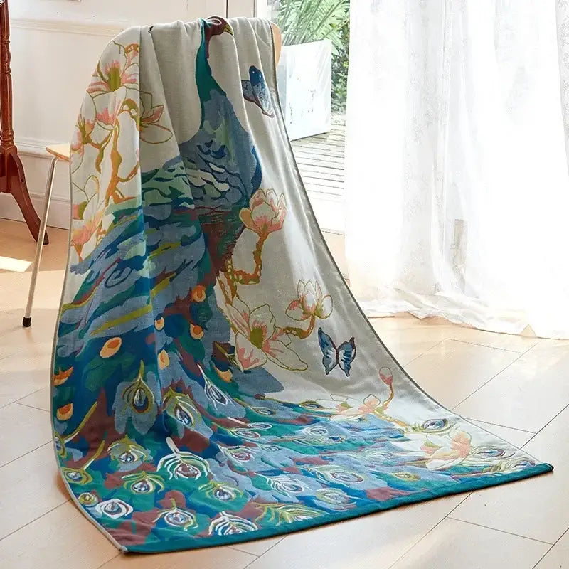 Cotton gauze peacock cream & orange bath towel bedroom throw blanket