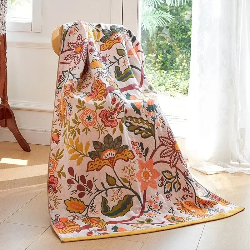 Cotton gauze peacock cream & orange bath towel bedroom throw blanket