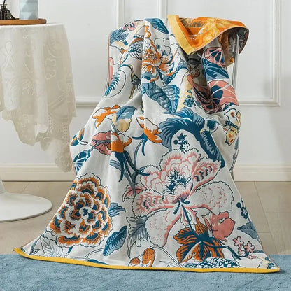 Cotton gauze peacock cream & orange bath towel bedroom throw blanket