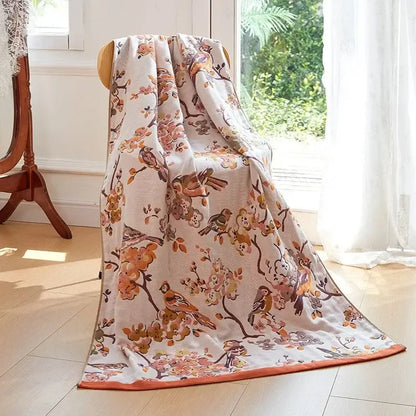 Cotton gauze peacock cream & orange bath towel bedroom throw blanket