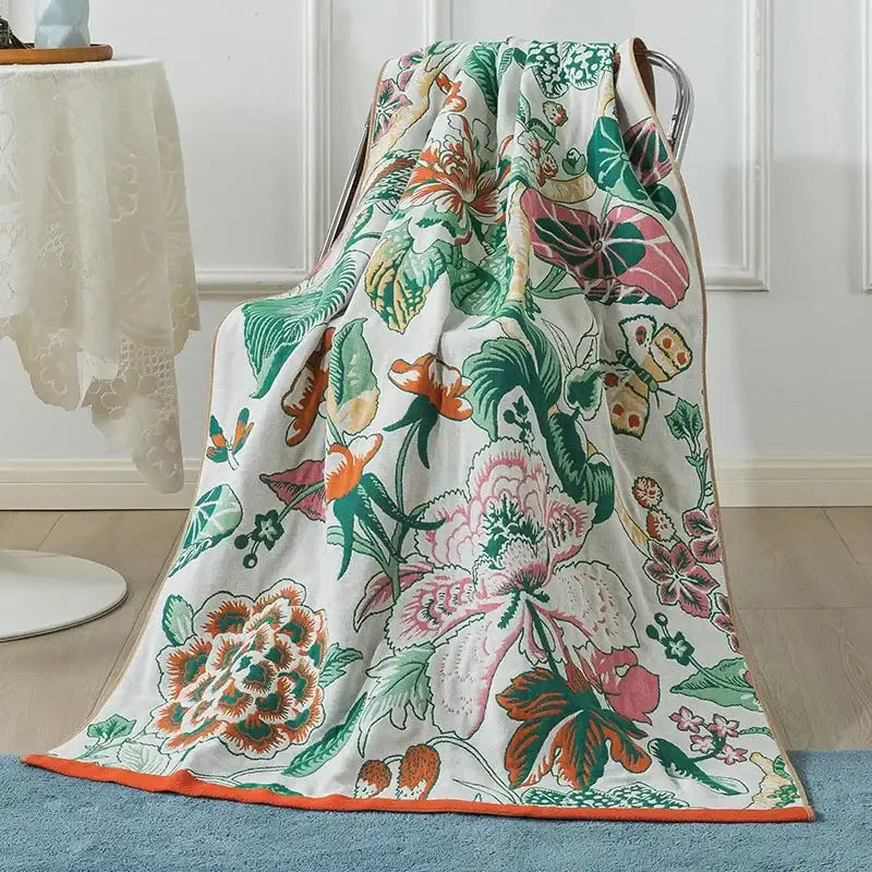Cotton gauze peacock cream & orange bath towel bedroom throw blanket