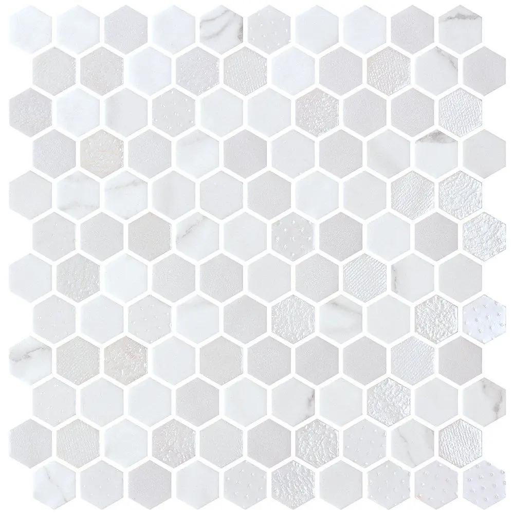 Cotton Multi Finish Hexagon Glass Mosaics 11 3/4x11 1/2