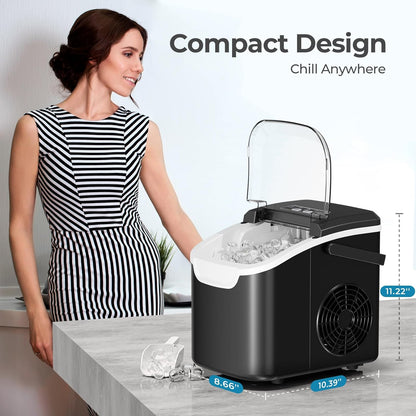 Kismile Ice Makers Countertop with Handle,26.5Lbs/24H,9 Cubes in 6 Mins,2 Sizes of Bullet Ice,Portable Machine with Self-Cleaning,Perfect for Home Kitchen(Black)