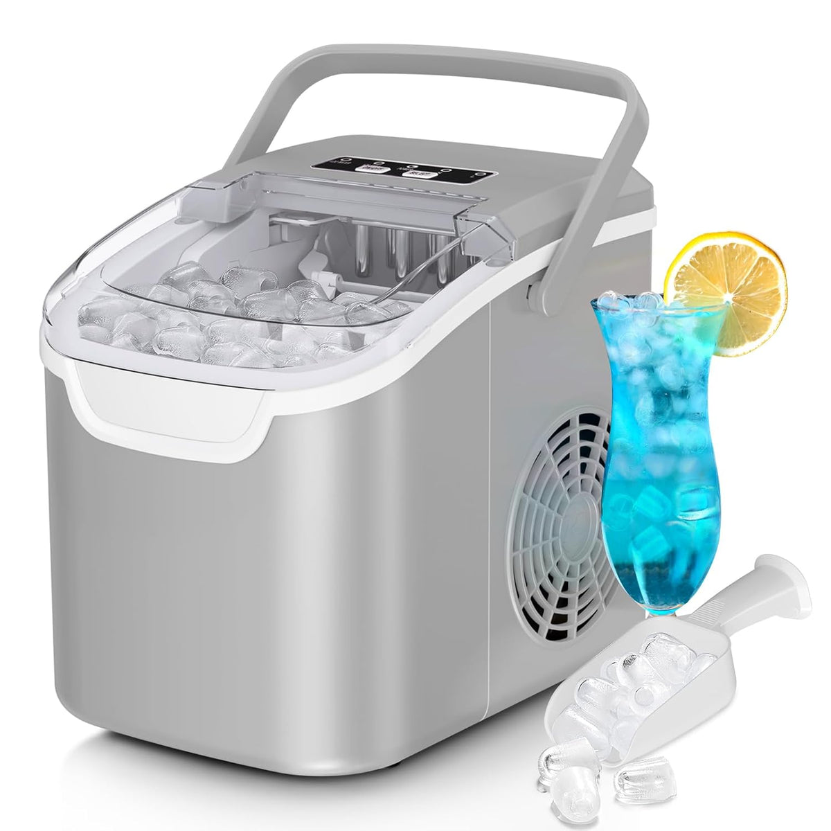 Kismile Ice Makers Countertop with Handle,26.5Lbs/24H,9 Cubes in 6 Mins,2 Sizes of Bullet Ice,Portable Machine with Self-Cleaning,Perfect for Home Kitchen(Black)