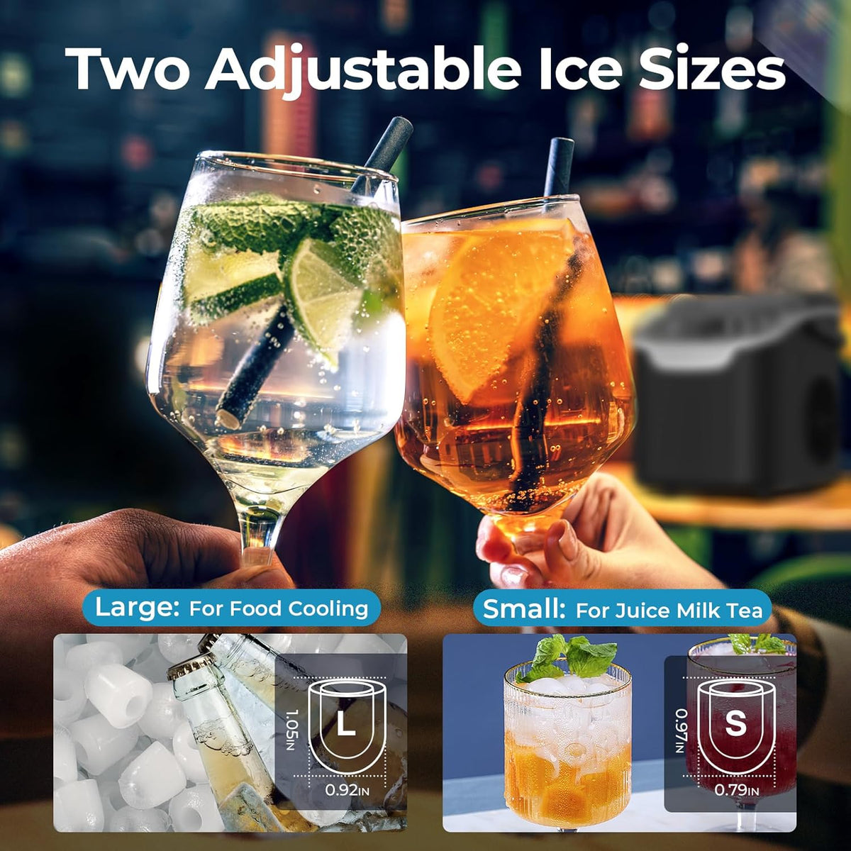 Kismile Ice Makers Countertop with Handle,26.5Lbs/24H,9 Cubes in 6 Mins,2 Sizes of Bullet Ice,Portable Machine with Self-Cleaning,Perfect for Home Kitchen(Black)