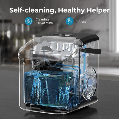 Kismile Ice Makers Countertop with Handle,26.5Lbs/24H,9 Cubes in 6 Mins,2 Sizes of Bullet Ice,Portable Machine with Self-Cleaning,Perfect for Home Kitchen(Black)
