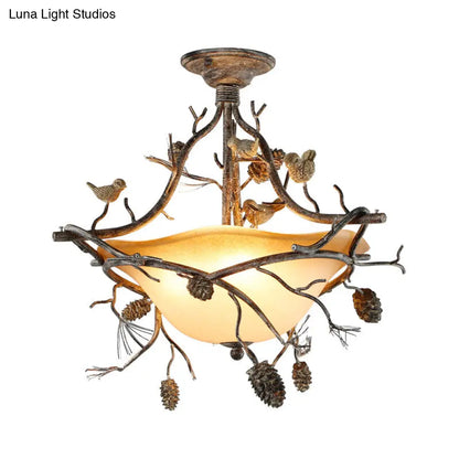 DecorBites™ Country Bronze 3-Light Bowl Semi Flush Mount with Frosted Glass - Ideal for Bedroom Lighting