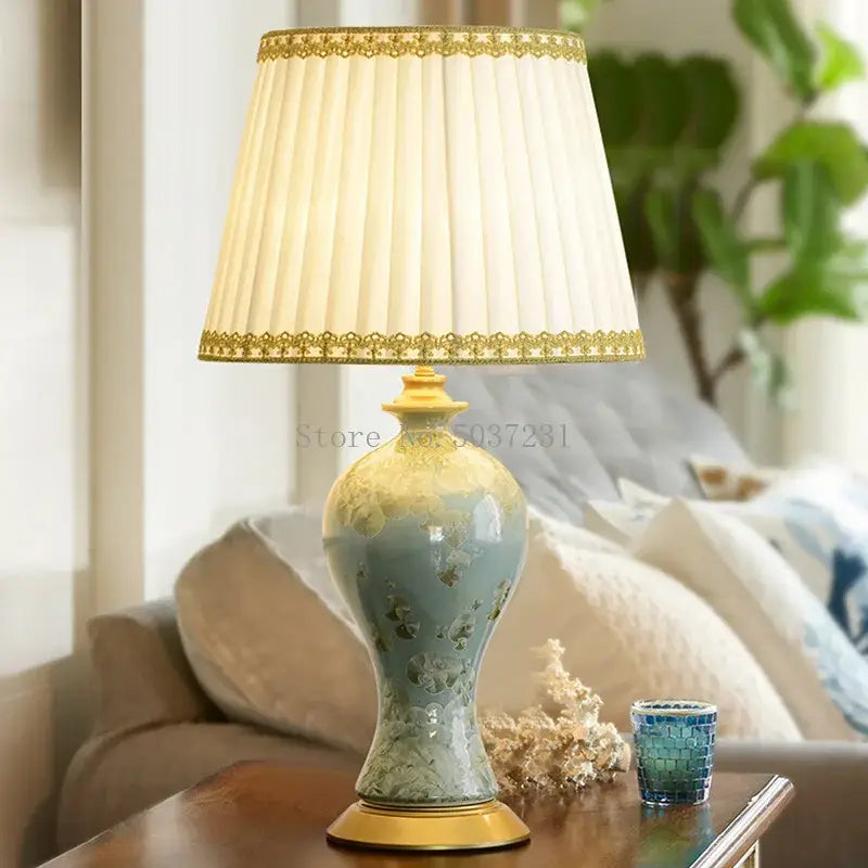 Country ceramic table lamp pair in celadon for bedroom decor