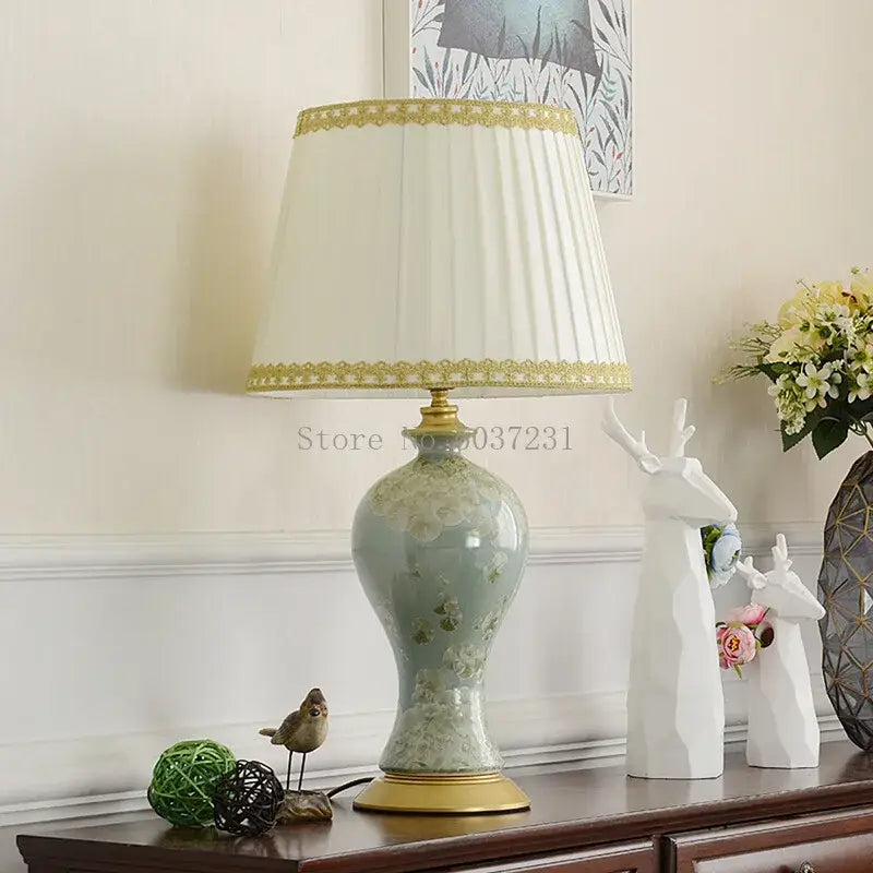 Country ceramic table lamp pair in celadon for bedroom decor