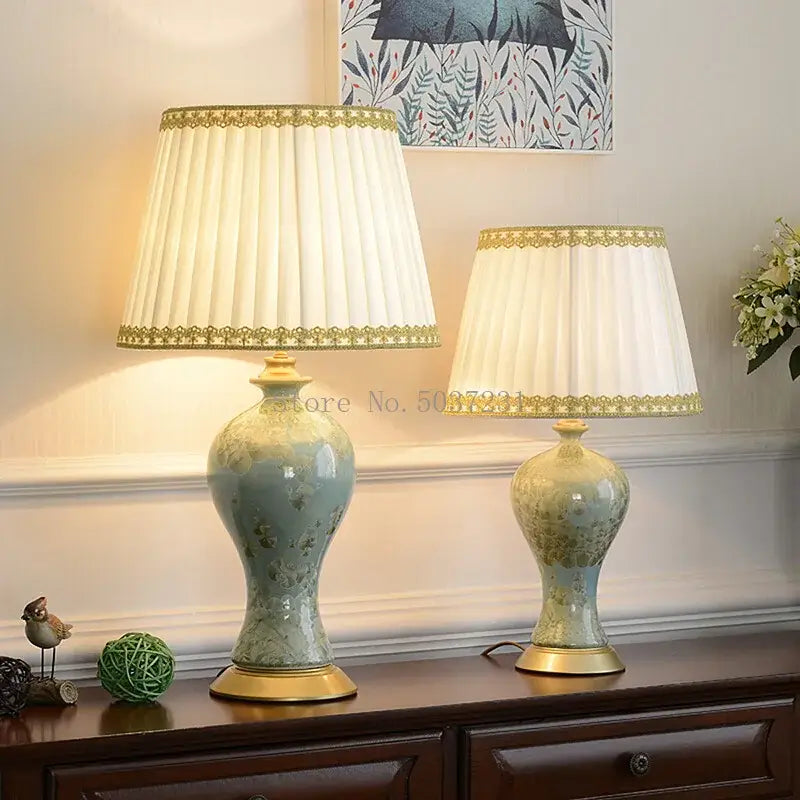 Country ceramic table lamp pair in celadon for bedroom decor