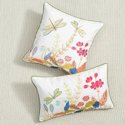 Country floral embroidered cushion cover living room dragonfly pillow