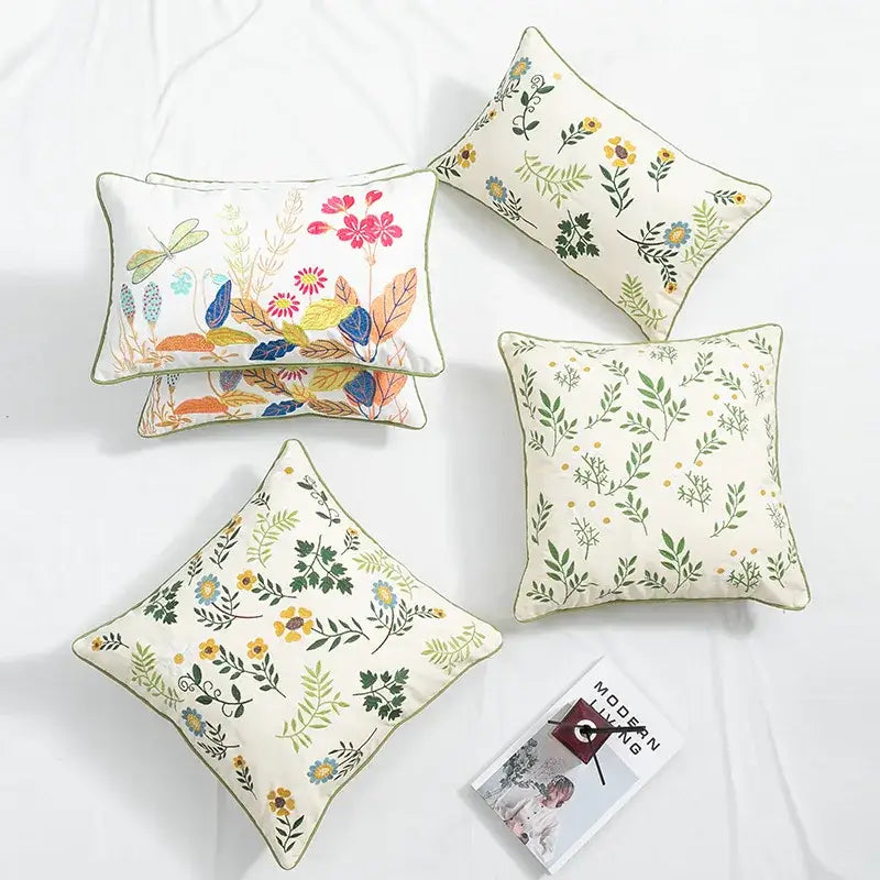 Country floral embroidered cushion cover living room dragonfly pillow