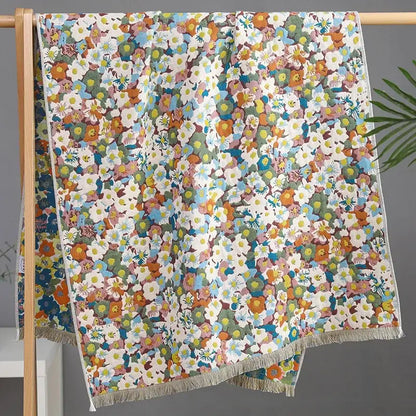 Country flowers cotton floral knit throw blanket bedroom fringe decor