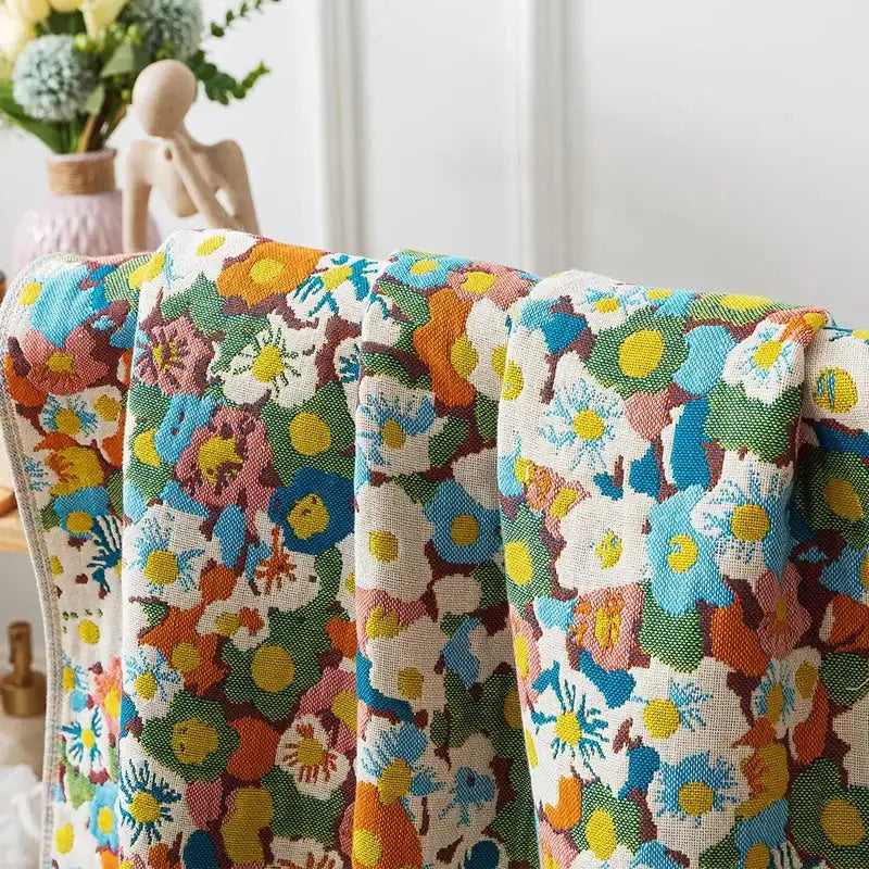 Country flowers cotton floral knit throw blanket bedroom fringe decor