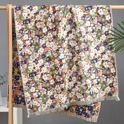 Country flowers cotton floral knit throw blanket bedroom fringe decor